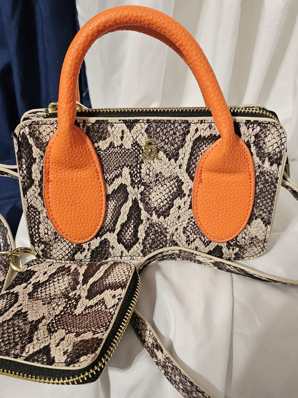 Steve Madden Snake-Print Mini Satchel with Orange Handles